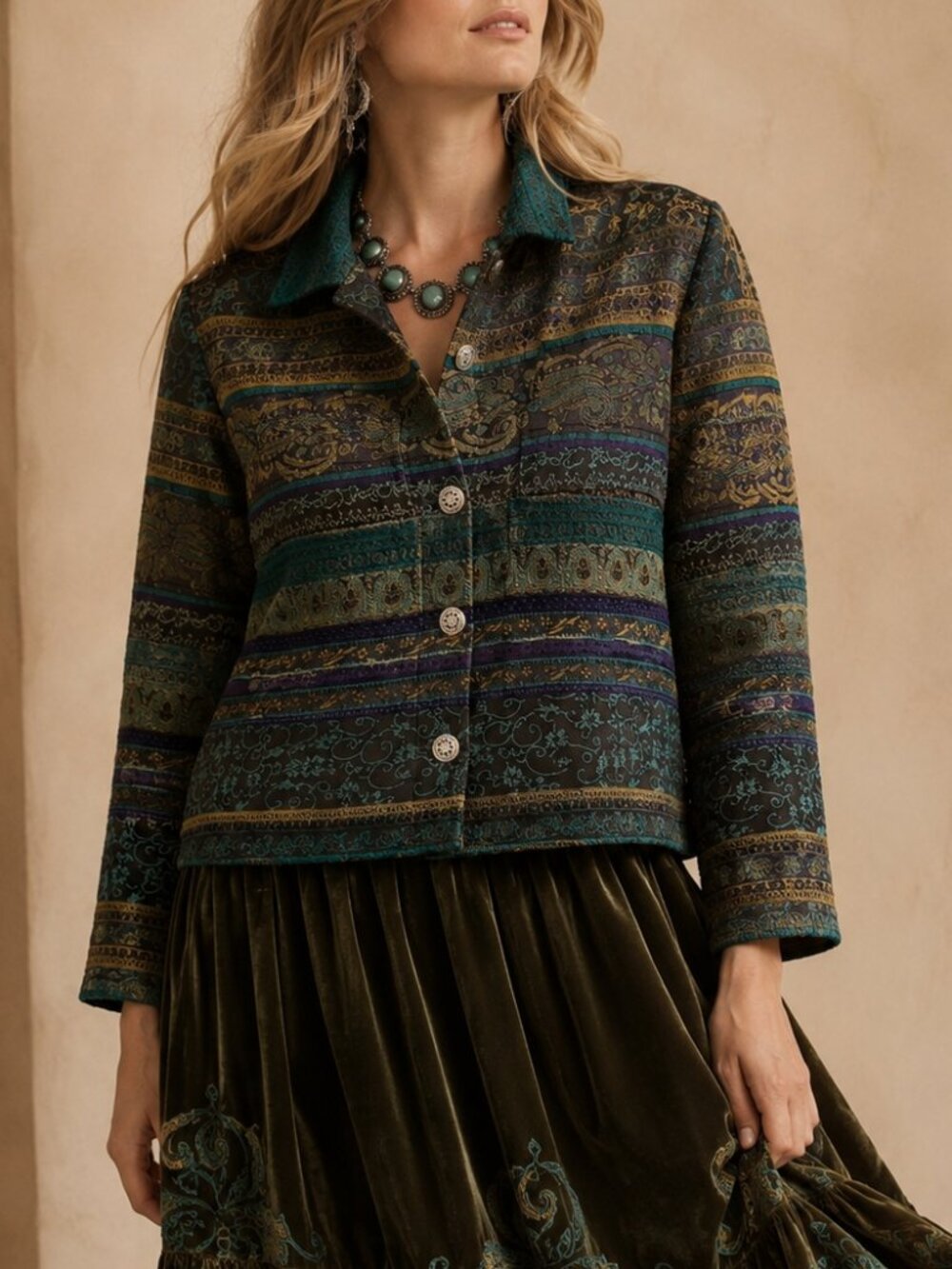 Vintage Coldwater Creek Jacket Blazer Western Boho Paisley Print Jacquard sz LP